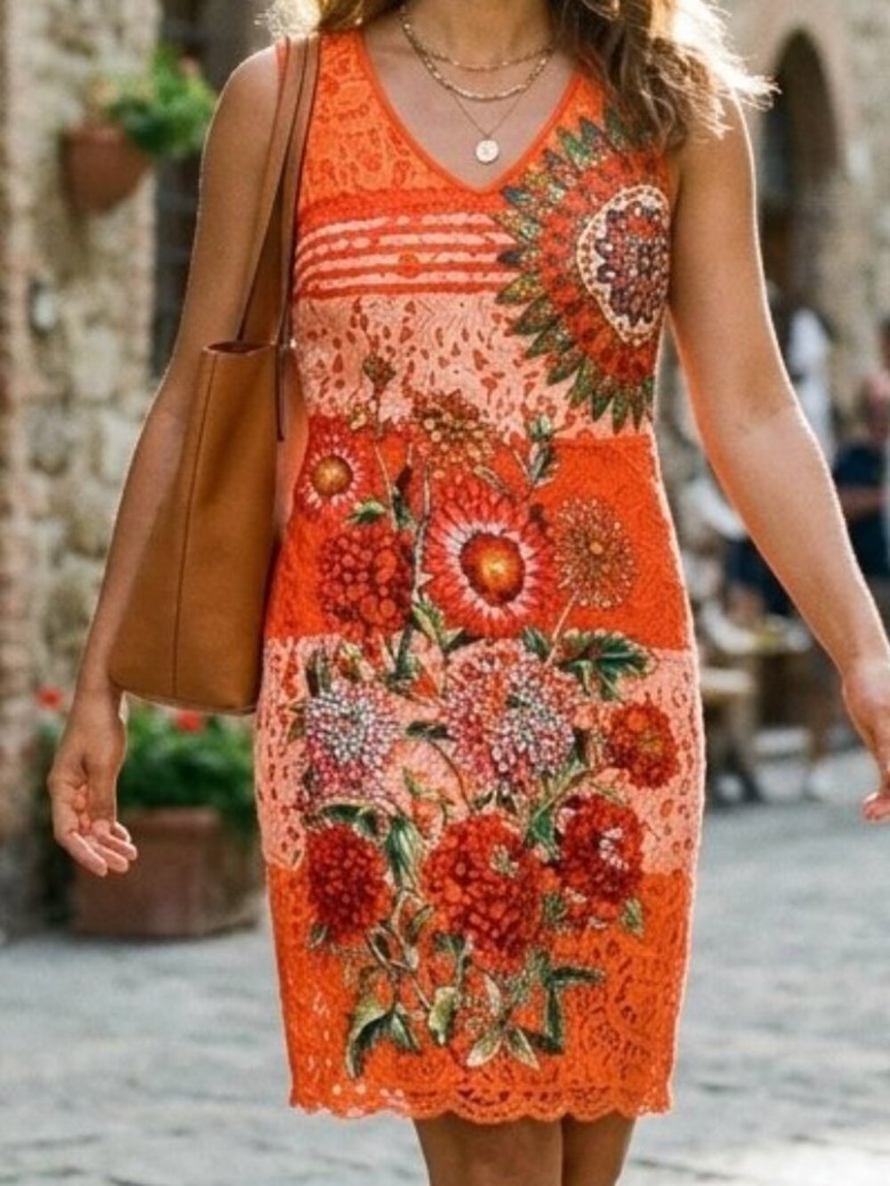 Women's Crochet Sleeveless Dress Orange Floral Fully Lined Colorful Tropical